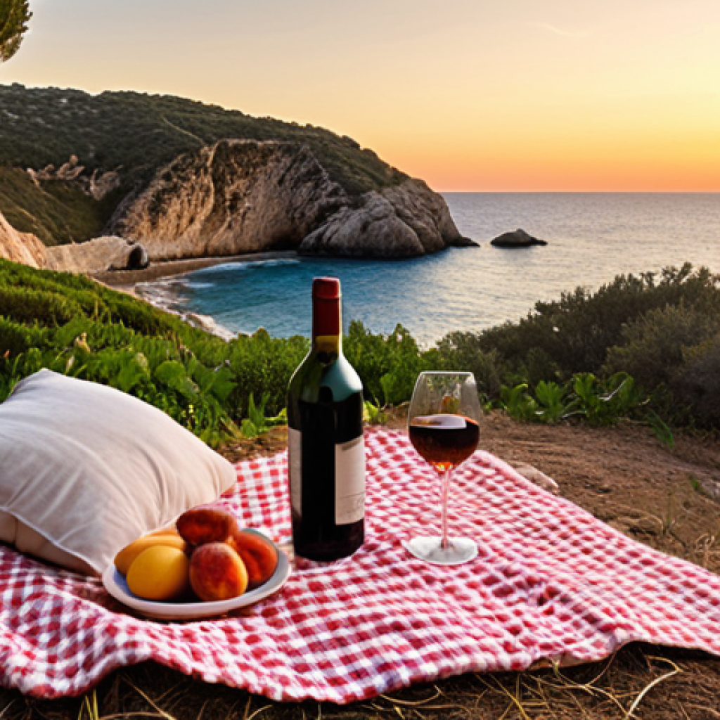 **

A picturesque picnic scene near a hidden cove at sunset. Include a blanket, a bottle of wine, and a scenic view. Emphasize the magical atmosphere and connection with nature.
*Keywords: *Sunset picnic, hidden cove, romantic, nature, Spanish coast*

**