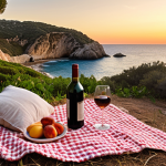 **

A picturesque picnic scene near a hidden cove at sunset. Include a blanket, a bottle of wine, and a scenic view. Emphasize the magical atmosphere and connection with nature.
*Keywords: *Sunset picnic, hidden cove, romantic, nature, Spanish coast*

**