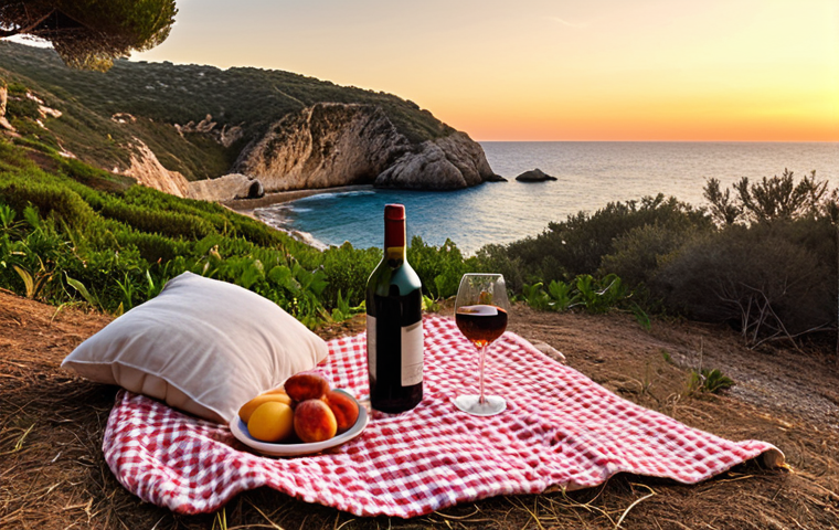 **
A picturesque picnic scene near a hidden cove at sunset. Include a blanket, a bottle of wine, and a scenic view. Emphasize the magical atmosphere and connection with nature.
*Keywords: *Sunset picnic, hidden cove, romantic, nature, Spanish coast*
**