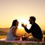 **Sunset silhouettes of friends laughing at a picnic, warm golden light, Spanish countryside backdrop.**