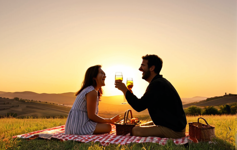 **Sunset silhouettes of friends laughing at a picnic, warm golden light, Spanish countryside backdrop.**