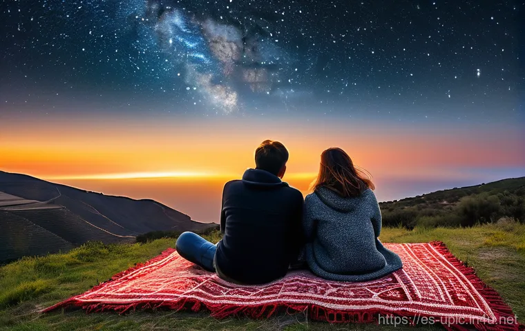 이색피크닉 밤하늘 관찰하기 - **Stargazing Serenity in Andalusia**
    "A cozy and intimate scene of two individuals, a man and a ...