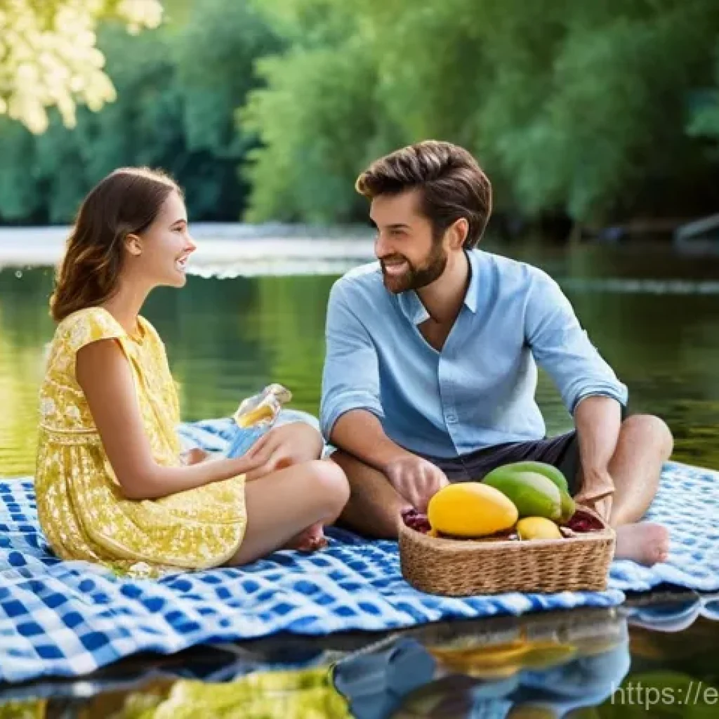 이색피크닉 물놀이와 함께하는 여름 피크닉 - **Prompt:** "A serene and inviting outdoor picnic scene by the edge of a crystal-clear, shallow rive...