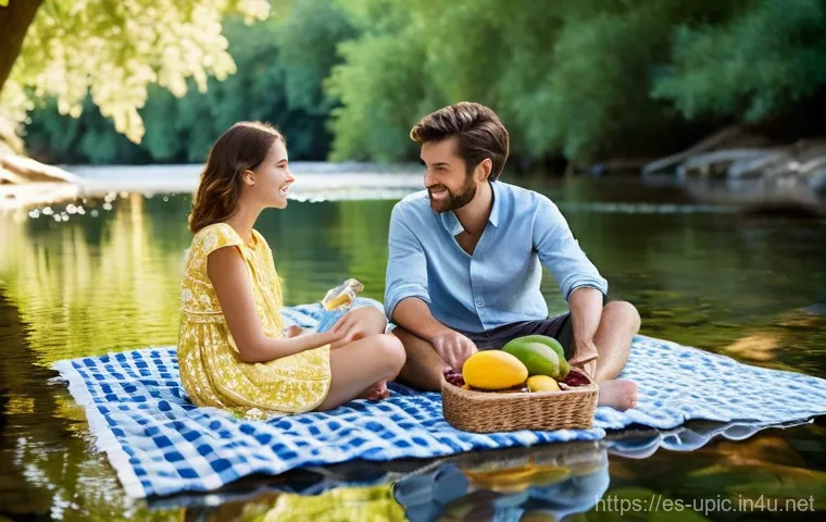 이색피크닉 물놀이와 함께하는 여름 피크닉 - **Prompt:** "A serene and inviting outdoor picnic scene by the edge of a crystal-clear, shallow rive...
