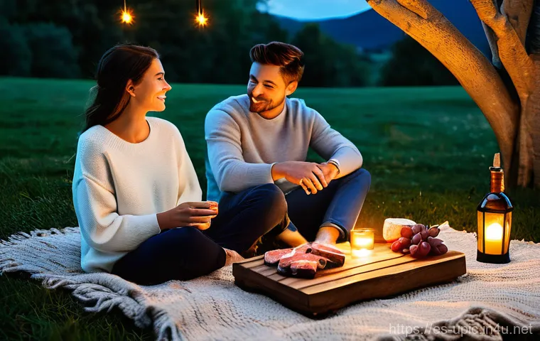 이색피크닉 야경과 함께하는 디너 - **Enchanted Stargazing Picnic for Two:**
    A serene and romantic scene of a couple enjoying an int...