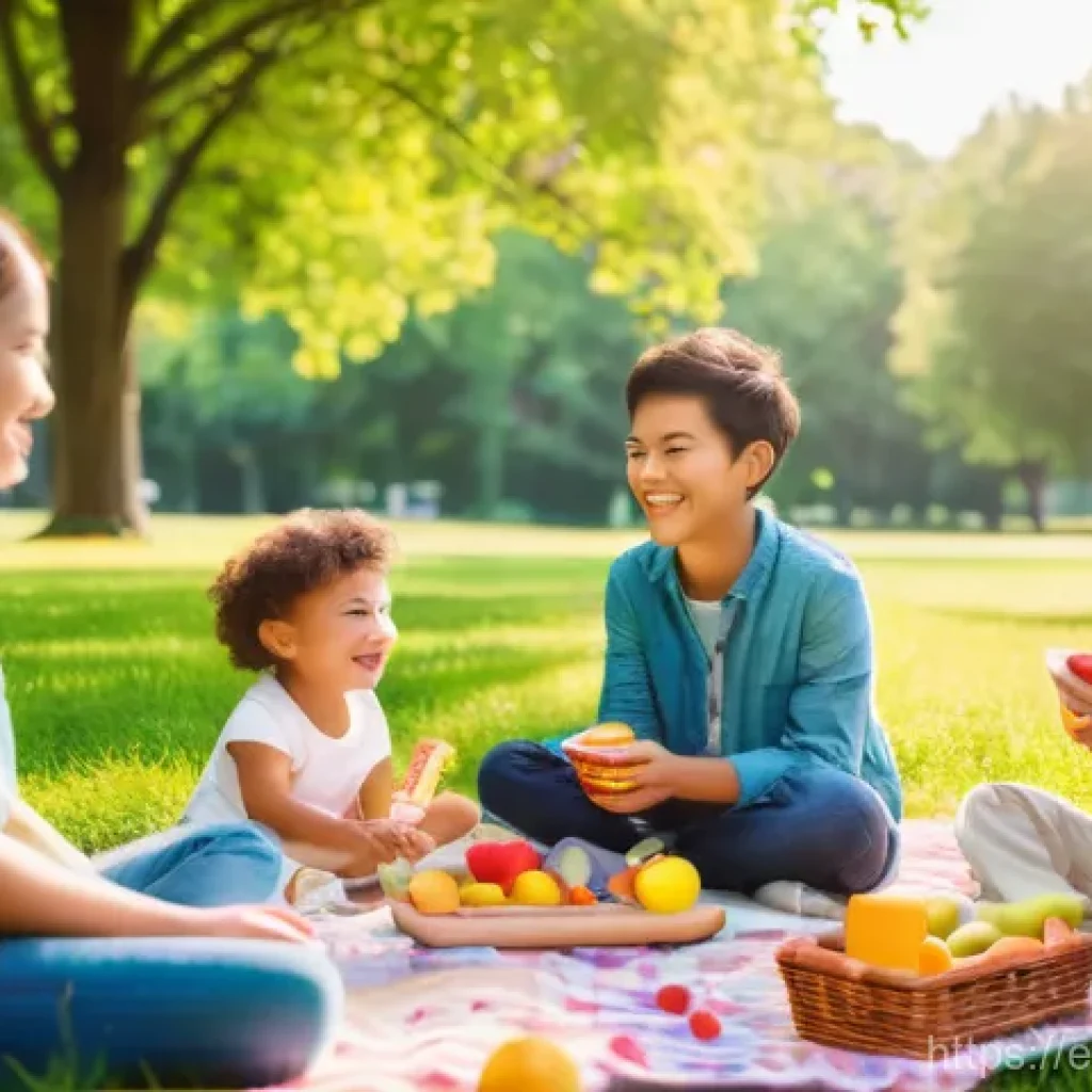 이색피크닉 보드게임 추천 - **Prompt 1: "A vibrant, sun-drenched family picnic scene in a lush green park. A diverse group of fa...