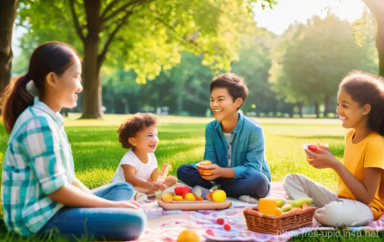 이색피크닉 보드게임 추천 - **Prompt 1: "A vibrant, sun-drenched family picnic scene in a lush green park. A diverse group of fa...