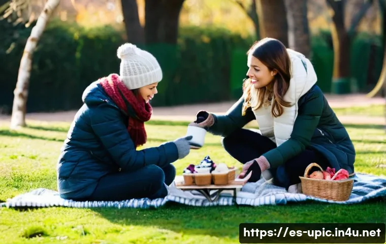 이색피크닉 겨울철 장비 준비 - **Prompt:** A group of friends or a small family enjoying a cozy winter picnic in a picturesque Span...