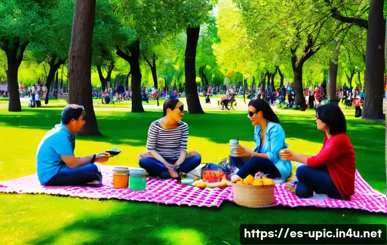 이색피크닉 버스킹을 즐기며 - A lively urban park scene in Madrid&rsquo;s Retiro Park during a sunny afternoon, featuring a diverse grou...