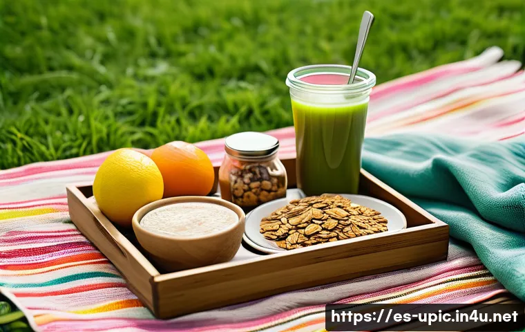 이색피크닉 스프링 시즌 필수 아이템 - A serene outdoor picnic scene in a sunny Spanish park during spring, featuring eco-friendly bamboo c...
