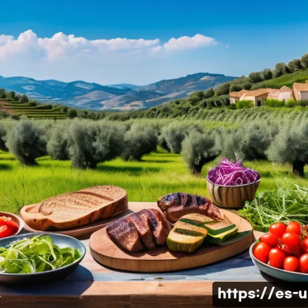 이색피크닉 고기 굽는 법 - A vibrant outdoor picnic scene in a sunny Spanish countryside, featuring a rustic wooden table set w...