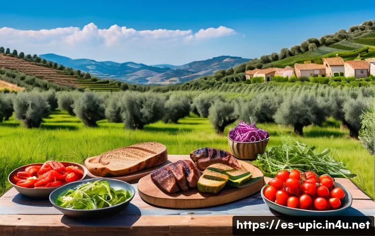 이색피크닉 고기 굽는 법 - A vibrant outdoor picnic scene in a sunny Spanish countryside, featuring a rustic wooden table set w...
