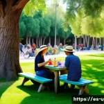 이색피크닉 동물원 근처 피크닉 - A vibrant family picnic scene in a lush, green garden adjacent to a Spanish zoo, featuring a diverse...