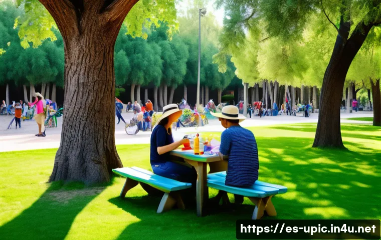 이색피크닉 동물원 근처 피크닉 - A vibrant family picnic scene in a lush, green garden adjacent to a Spanish zoo, featuring a diverse...