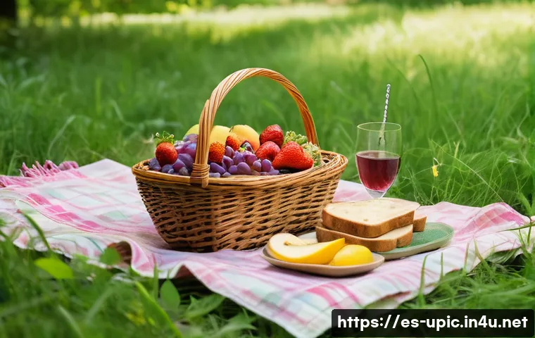 이색피크닉 숲속에서의 스프링 피크닉 - A serene spring picnic scene in a sun-dappled forest clearing near a gently flowing stream, featurin...