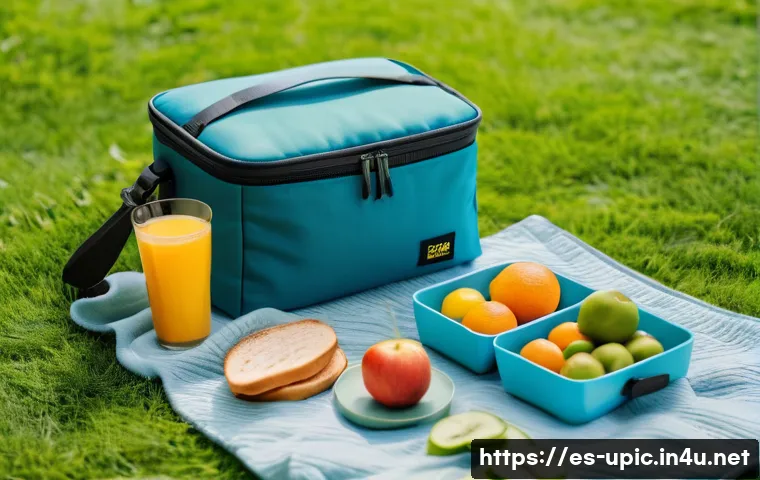 이색피크닉 이동식 피크닉 키트 - A vibrant outdoor picnic scene in a sunny park featuring a stylish portable picnic kit laid out on a...