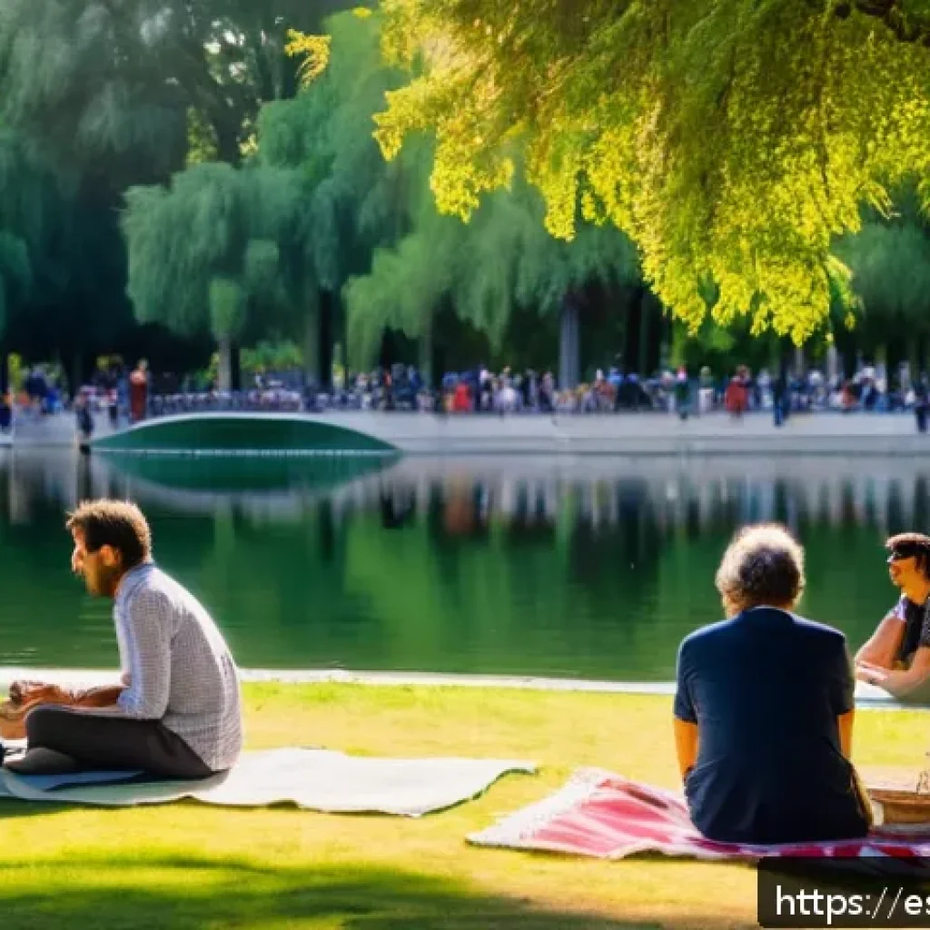 이색피크닉 공원에서 즐기는 미니 콘서트 - A serene outdoor concert scene in Madrid’s Parque del Retiro during sunset, featuring a small acoust...