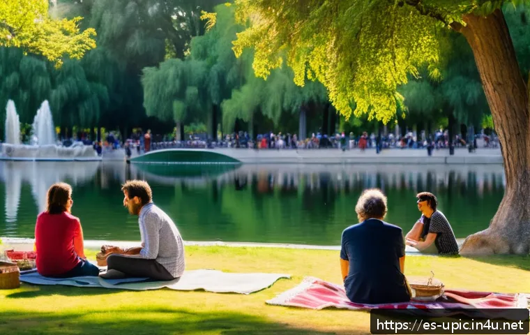 이색피크닉 공원에서 즐기는 미니 콘서트 - A serene outdoor concert scene in Madrid&rsquo;s Parque del Retiro during sunset, featuring a small acoust...