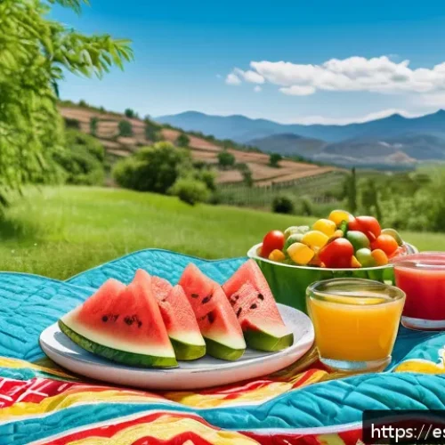 이색피크닉 여름 필수 아이템 - A vibrant outdoor picnic scene set in a sunny Spanish park featuring a large waterproof, quilted pic...