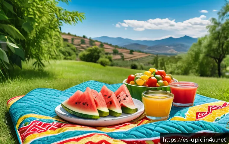 이색피크닉 여름 필수 아이템 - A vibrant outdoor picnic scene set in a sunny Spanish park featuring a large waterproof, quilted pic...
