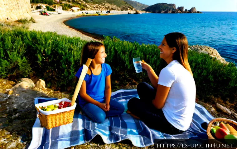 이색피크닉 가족 여행 피크닉 - Photorealistic family picnic beside a calm Spanish Mediterranean cove, parents and two school-age ch...